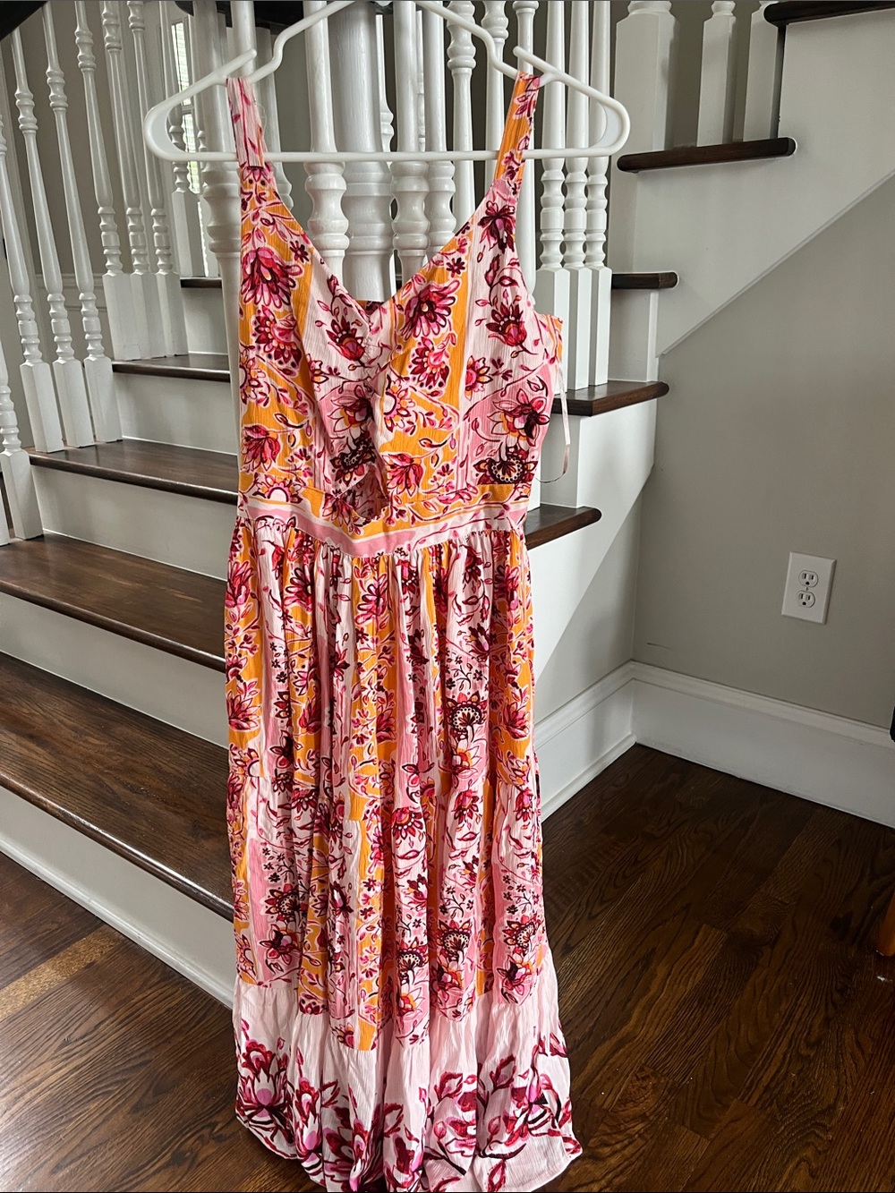 Pink Floral Maxi Dress with Yellow Accents
